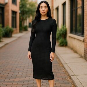 HMS Black Midi Body-con Dress S Women Mesh Fitted‎ Evening Slit Cocktail Evening